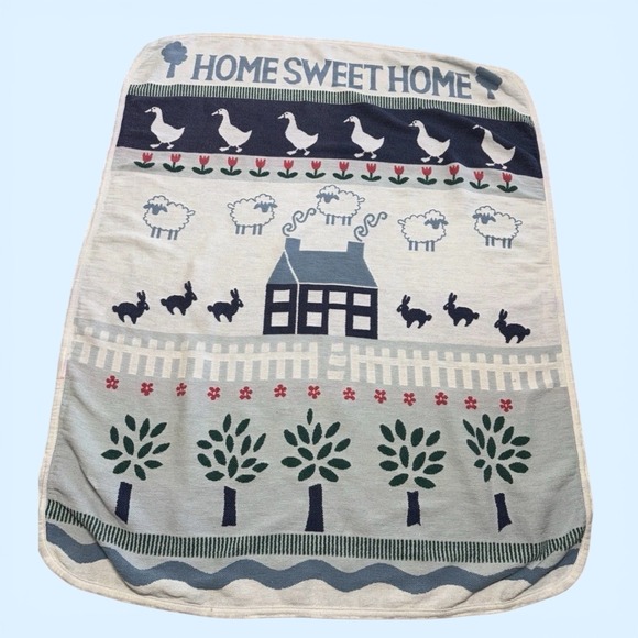 VINTAGE 80's Home Sweet Farm Silly Goose Rabbits Cottagecore Blanket Sheep
